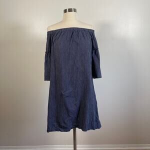 Madewell • Blue Striped Bell Sleeve Off the Shoulder Dress